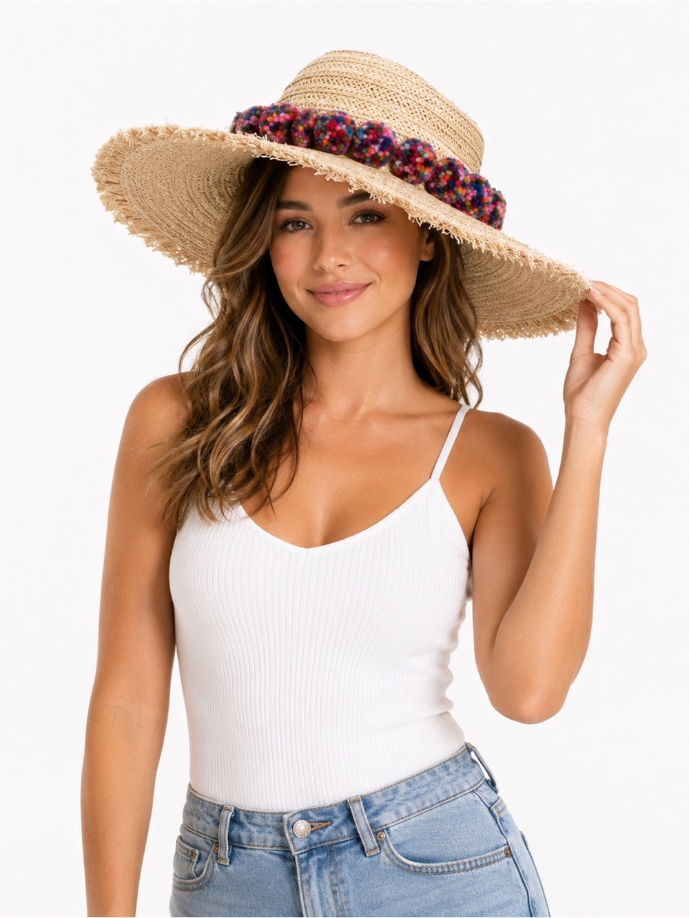 San Diego Hat Company Natural Straw Sun Hat with Multicolor Pom Poms